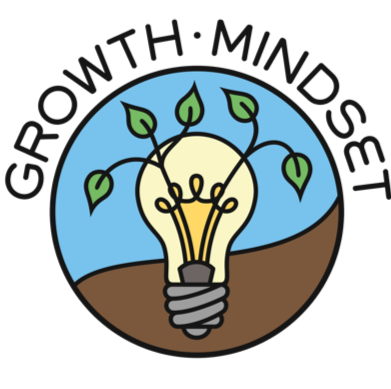 Growth Mindset logo of light bulb in dirt with plants growing out of it