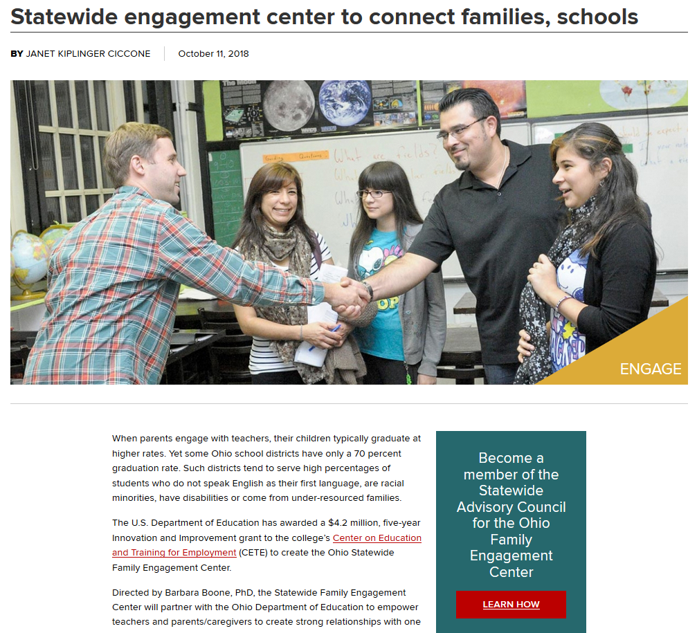Website page for Statewide engagement center to connect families, schools