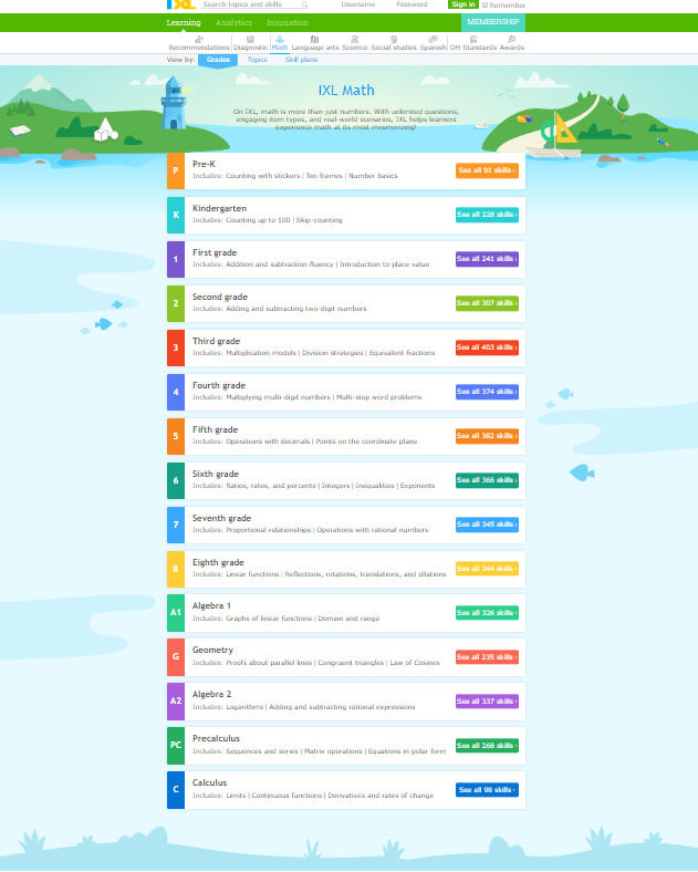 Math page on IXL Website