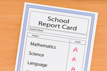 Image of school report card with subjects Mathematics, Science, and Language listed at with a letter grade of A.