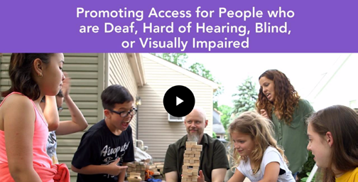 Link to Promoting Access Module, with Image of a diverse family playing Jenga together