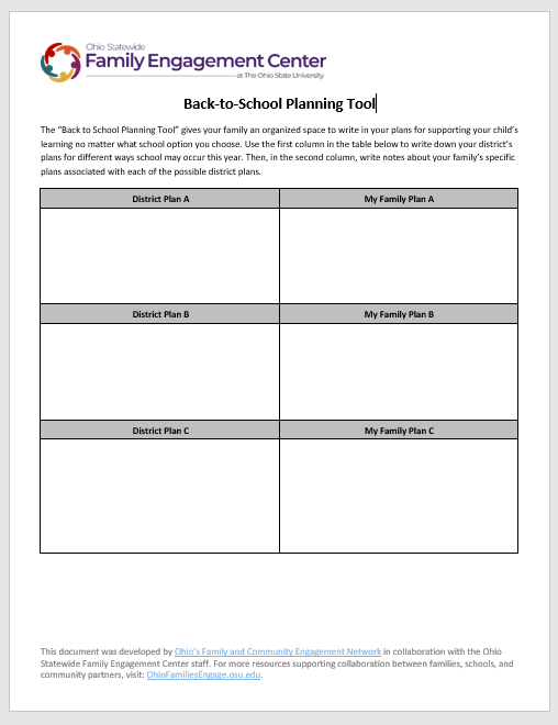 Back to school planning tool, which is a word document with two columns in a table on page 1, and page 2 has guiding questions in column 1 and open space for families two write responses in column 2