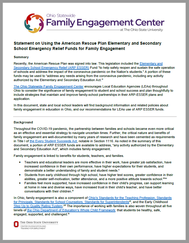 Ohio Statewide Family Engagement Center's Statement on Using ARP ESSER Funds for Family Engagement