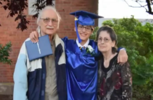 graduation picture of white student with their grandparents