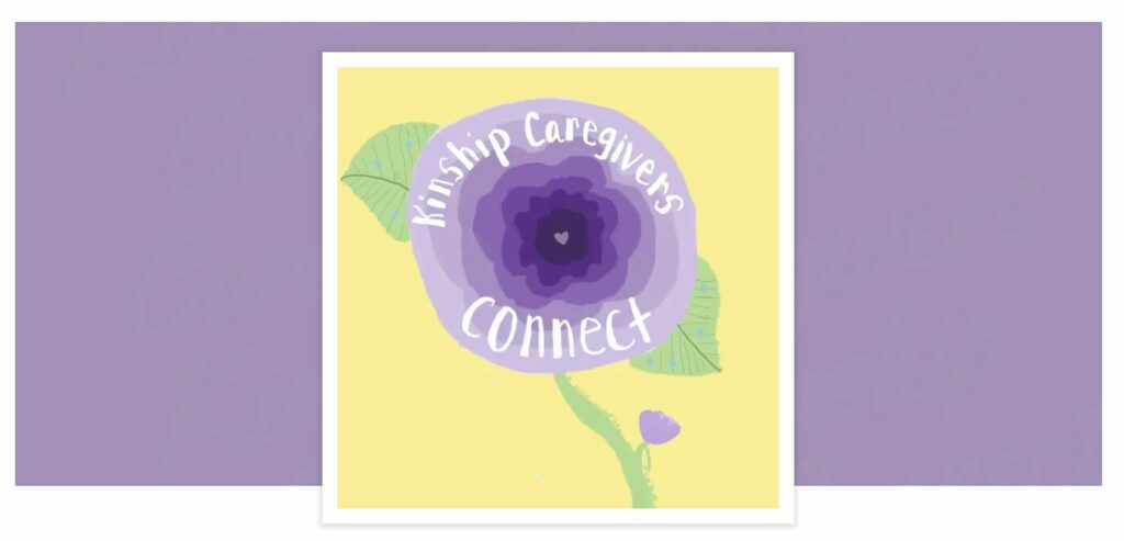 Kinship Caregivers Connect logo: lavender flower on yellow and lavender background