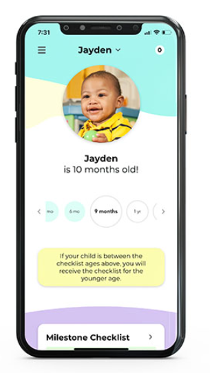what the app looks like on a cell phone - child's picture, child's name and age, and a checklist