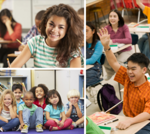 diverse students in classrooms collage