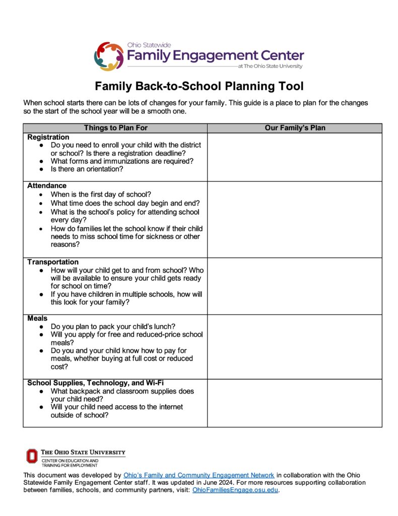 Family Back to School Planning Tool Page 1