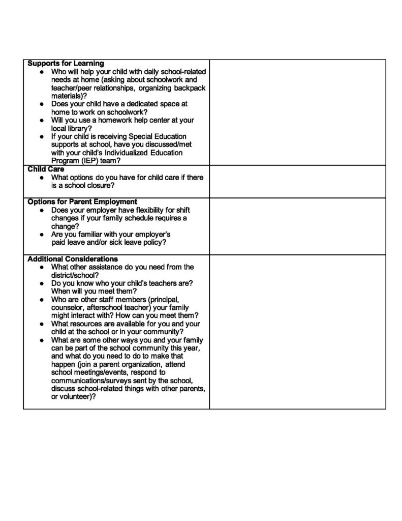 Family Back to School Planning Tool Page 2