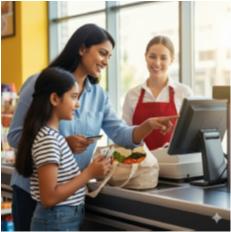 mom and daughter self checking out at store