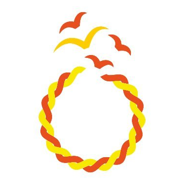 Storyweaver logo; yellow and red braided ropes into a wreath