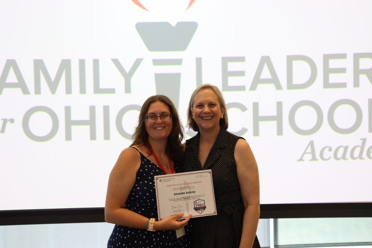 Parent Leader Amanda Aubrey with Barbara Boone from the Ohio Statewide Family Engagement Center at the Academy Celebration in 2026